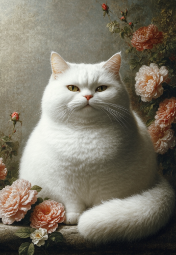 White cat with flowers.