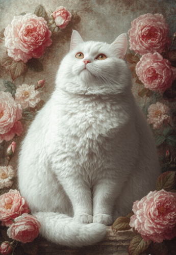 White cat with sweet flowers.