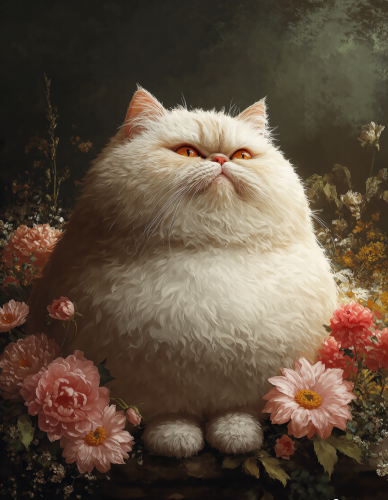 Drawn cat with sweet flowers.