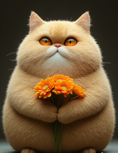 Red cat with sweet flowers.