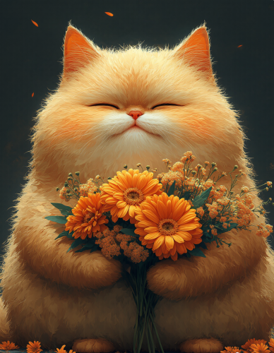 Red cat with sweet flowers.
