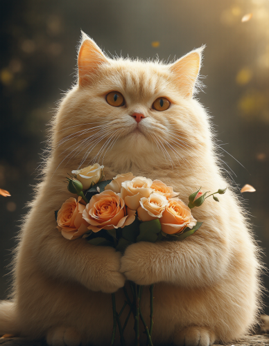 Red cat with sweet flowers.