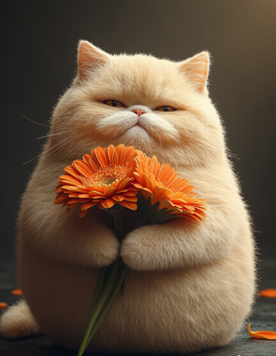 Red cat with sweet flowers.
