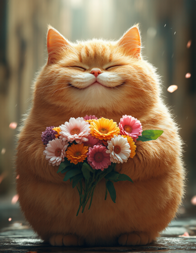 Red cat with colorful flowers.