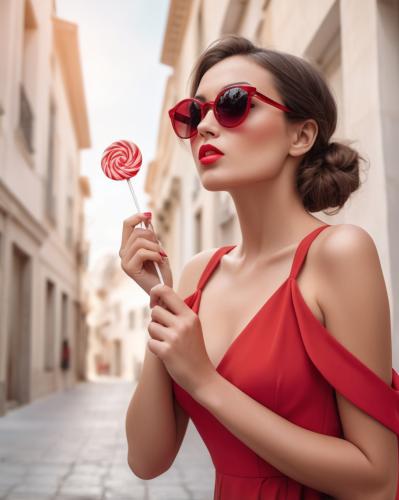 Woman in red and lollipop.