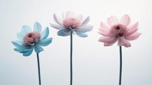 Three blue pink flowers.
