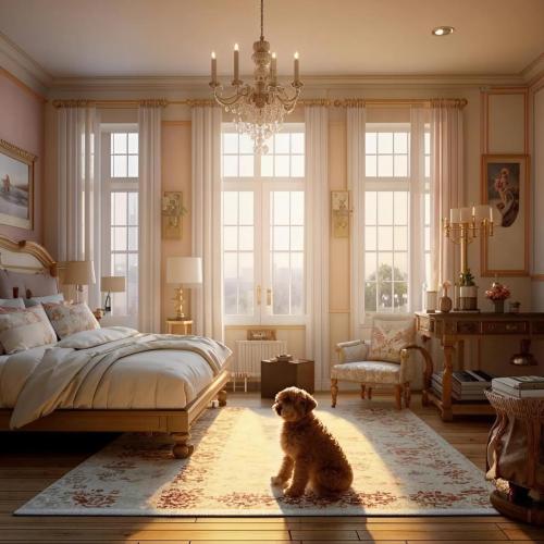 Bedroom, white gold, dog.
