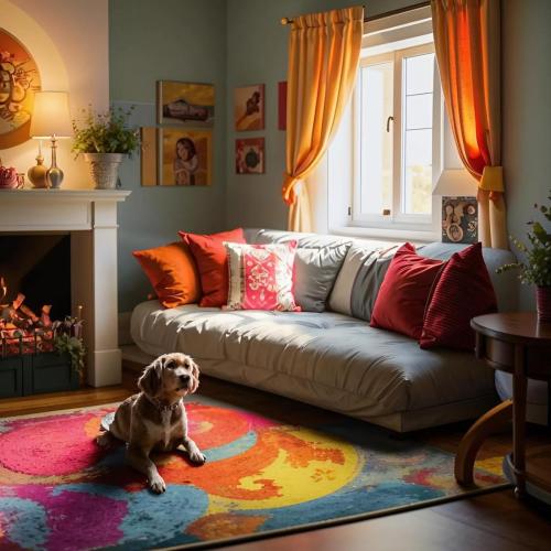 Bright room with a sofa, dog.