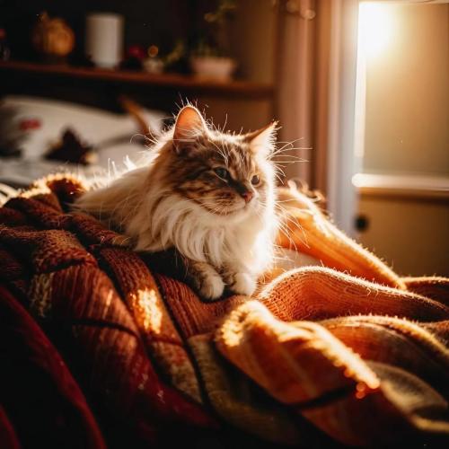 Cat sleeps on the bed.