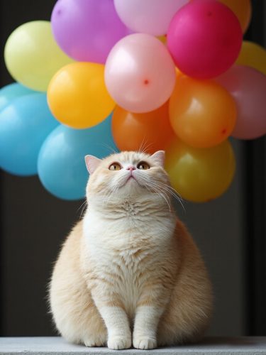 Cat with colorful balloons.