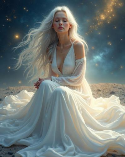 Dreaming woman in white dress.