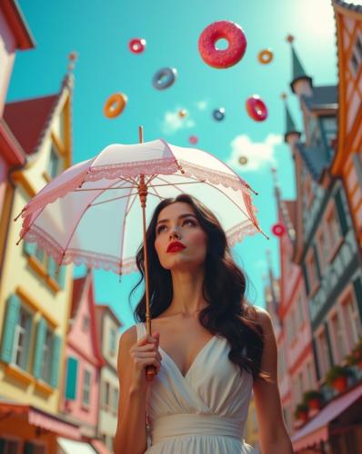 Woman with umbrella and donats.