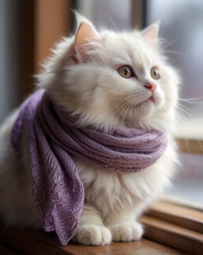 White cat in purple scarf.