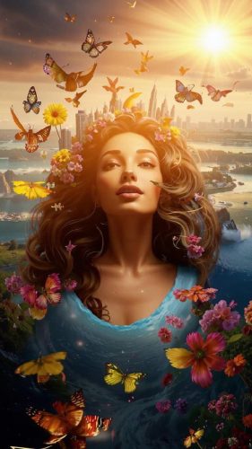 Woman, flowers, butterflies.