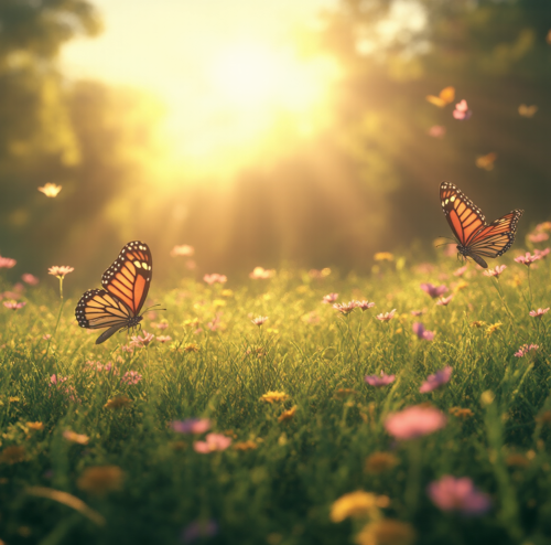 Meadow, flowers, butterflies.