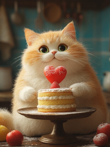 Red cat cooks a cake.