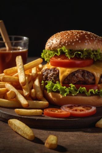 Hamburger, french fries and drink.
