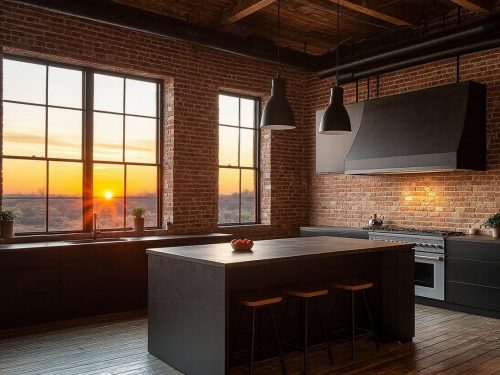 Loft kitchen with big windows.