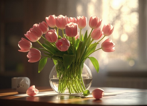 Pink tulips in a vase.