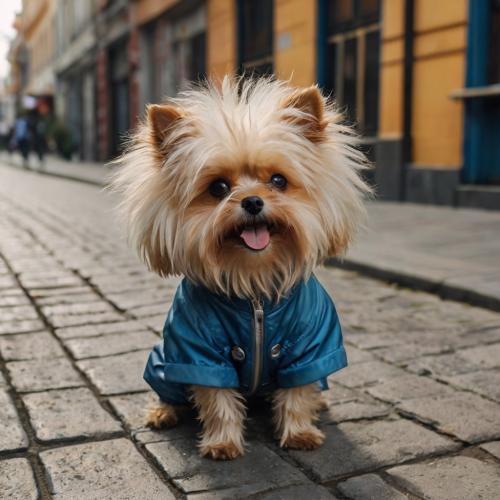 Small dog in jumpsuit.