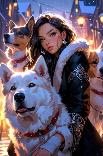 Snow dogs, winter, beautiful girl.