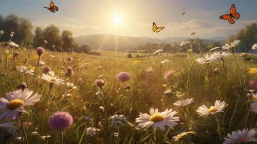 Meadow, flowers, butterflies, sunny.