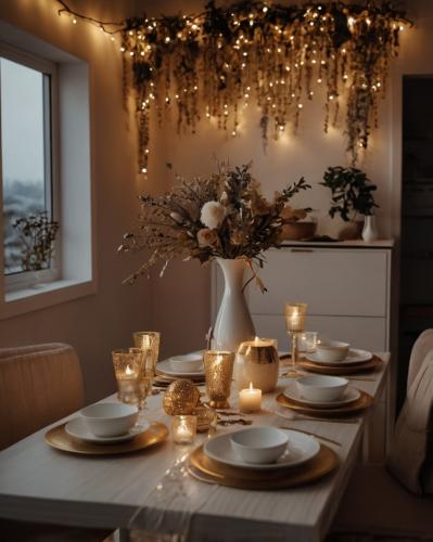 White interior, flowers the table.