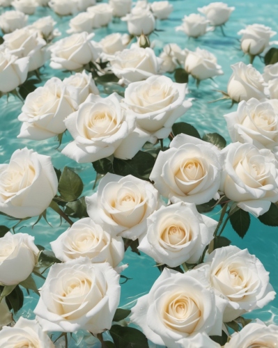 White roses in the blue water.