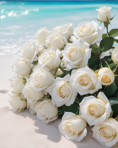 White roses on the white beach.